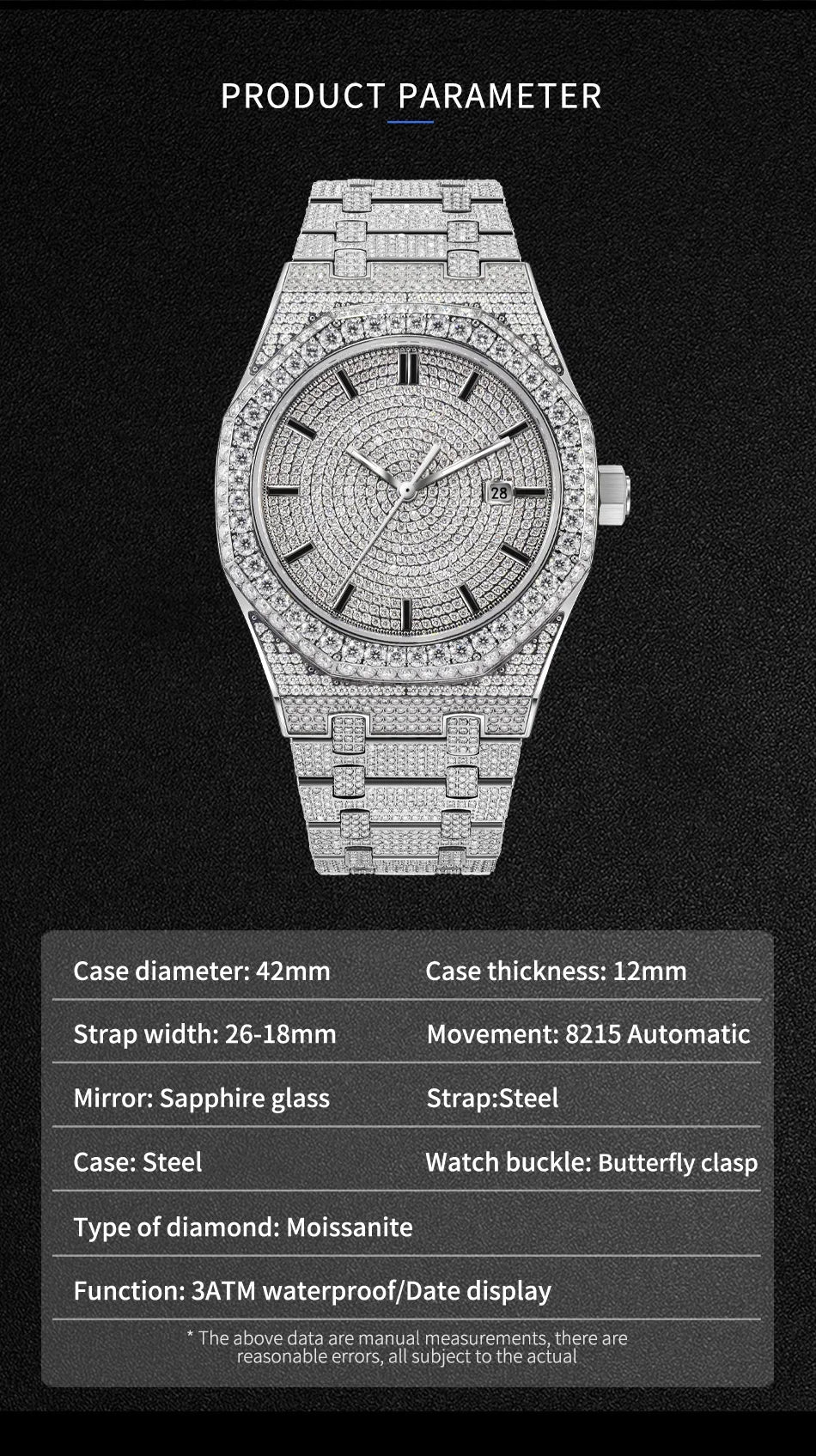 Montre Homme PINDU – Moissanite Full Diamond, Mécanique Automatique, Acier Inoxydable, Calendrier, Étanche 3 ATM – CLEVI Paris
