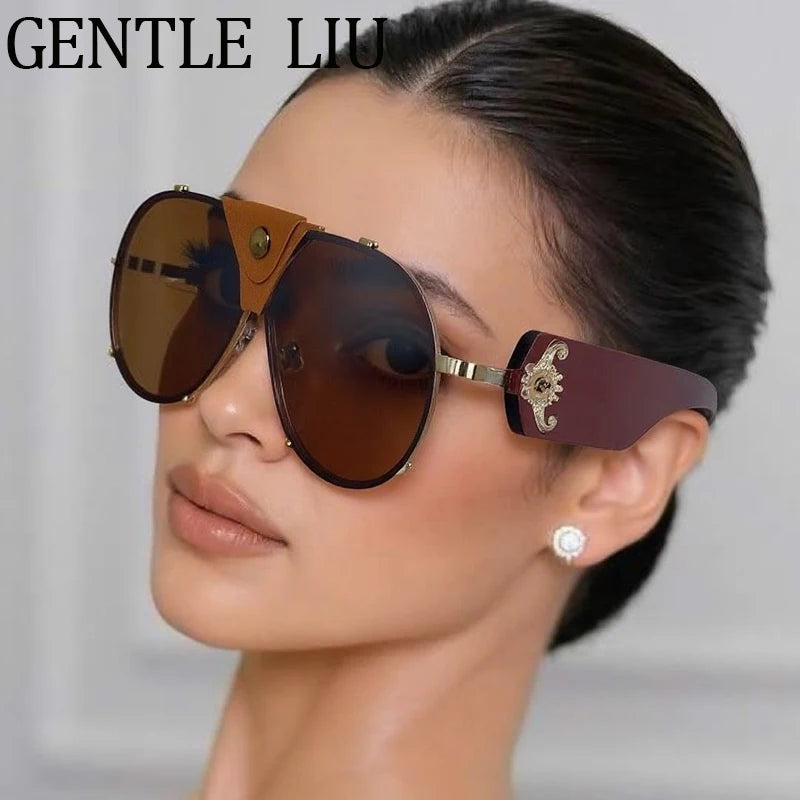 Lunettes de Soleil Steampunk Oversize Vintage Pilot Femme UV400 Cuir GENTLE LIU – CLEVI Paris
