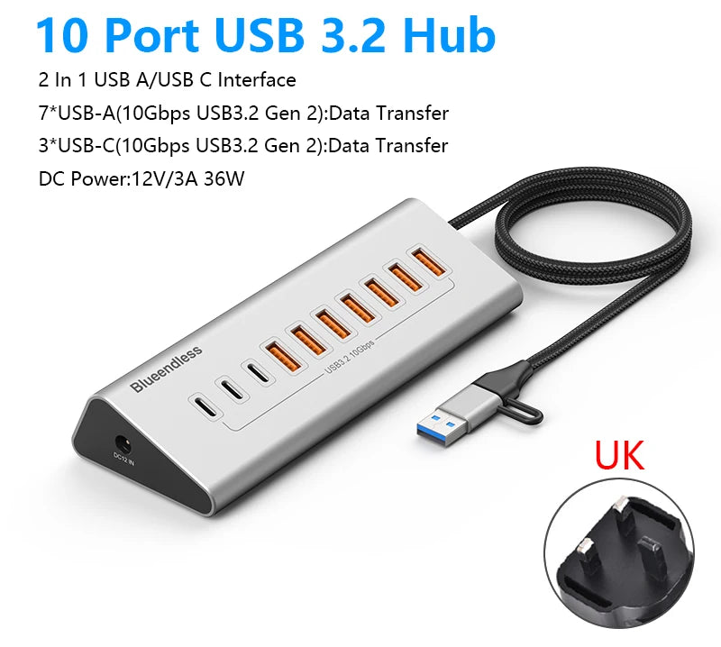 Hub USB-C Aluminium Blueendless 10Gbps 7 ou 10 Ports USB 3.2 Gen2 – CLEVI Paris