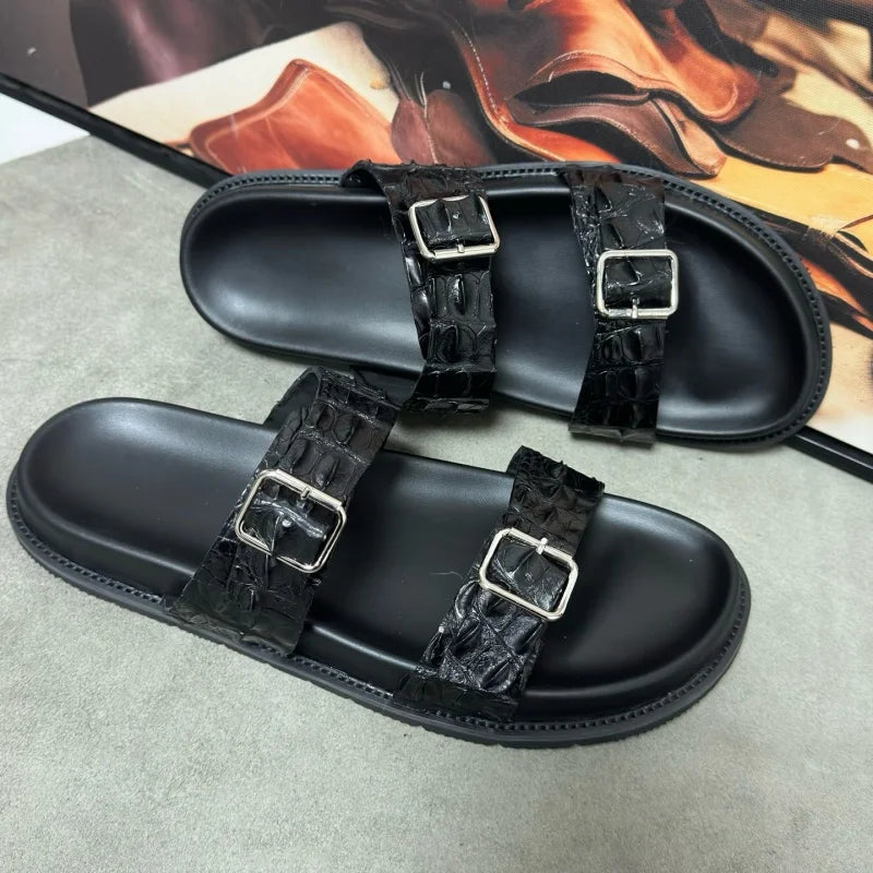 Sandales noires en cuir de crocodile réglables – CLEVI Paris