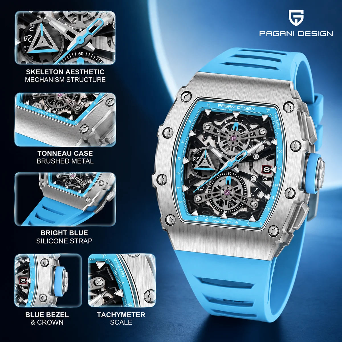 Montre PAGANI DESIGN PD-YS011 – Quartz Chronographe Racing, Verre Saphir, Acier Inoxydable Tonneau, Bracelet Silicone, Étanche 5 ATM – CLEVI Paris