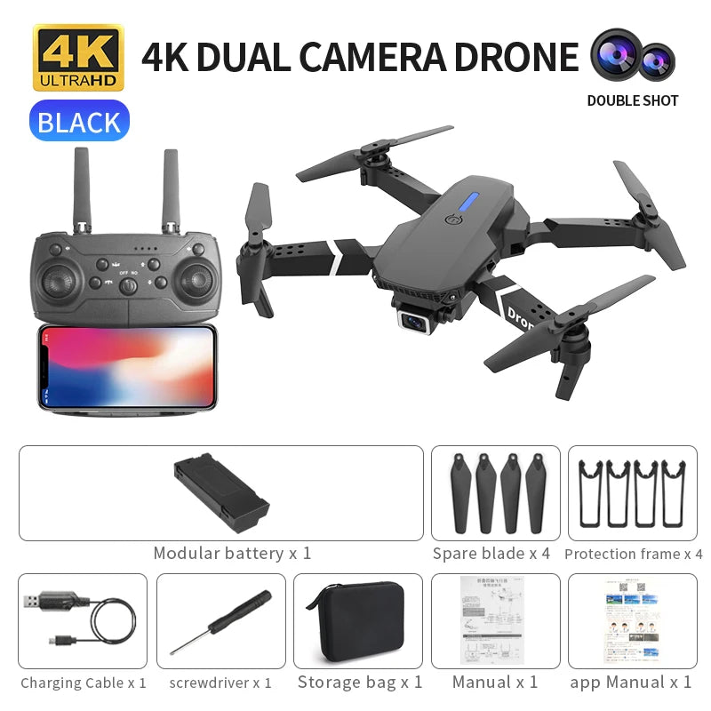 Drone Pliable E525 4K WiFi FPV – Double Caméra, Maintien d'Altitude, Gyroscope 6 Axes & Vol en Trajectoire – CLEVI Paris