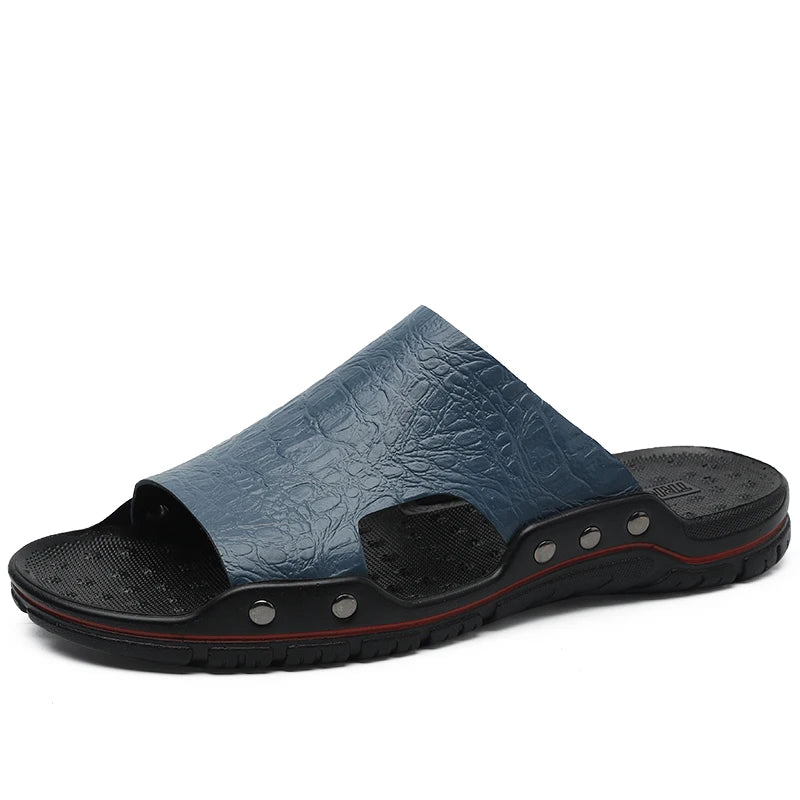 Fashion New Men's Crocodile Embossed Leather Slippers Casual Sandals For Men Summer Open Toe Beach Garden Shoes Flip Flops