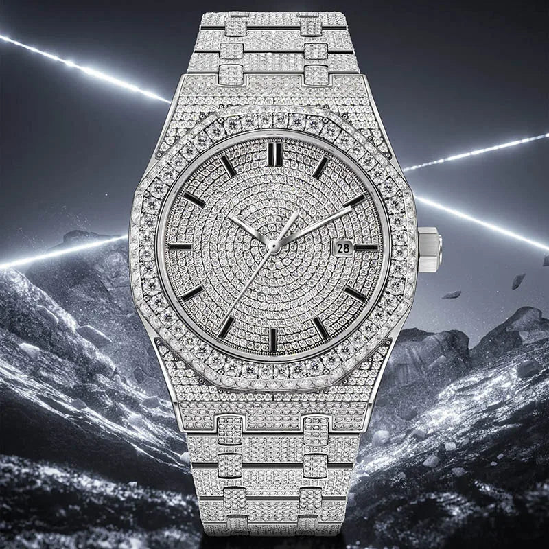 Montre Homme PINDU – Moissanite Full Diamond, Mécanique Automatique, Acier Inoxydable, Calendrier, Étanche 3 ATM – CLEVI Paris