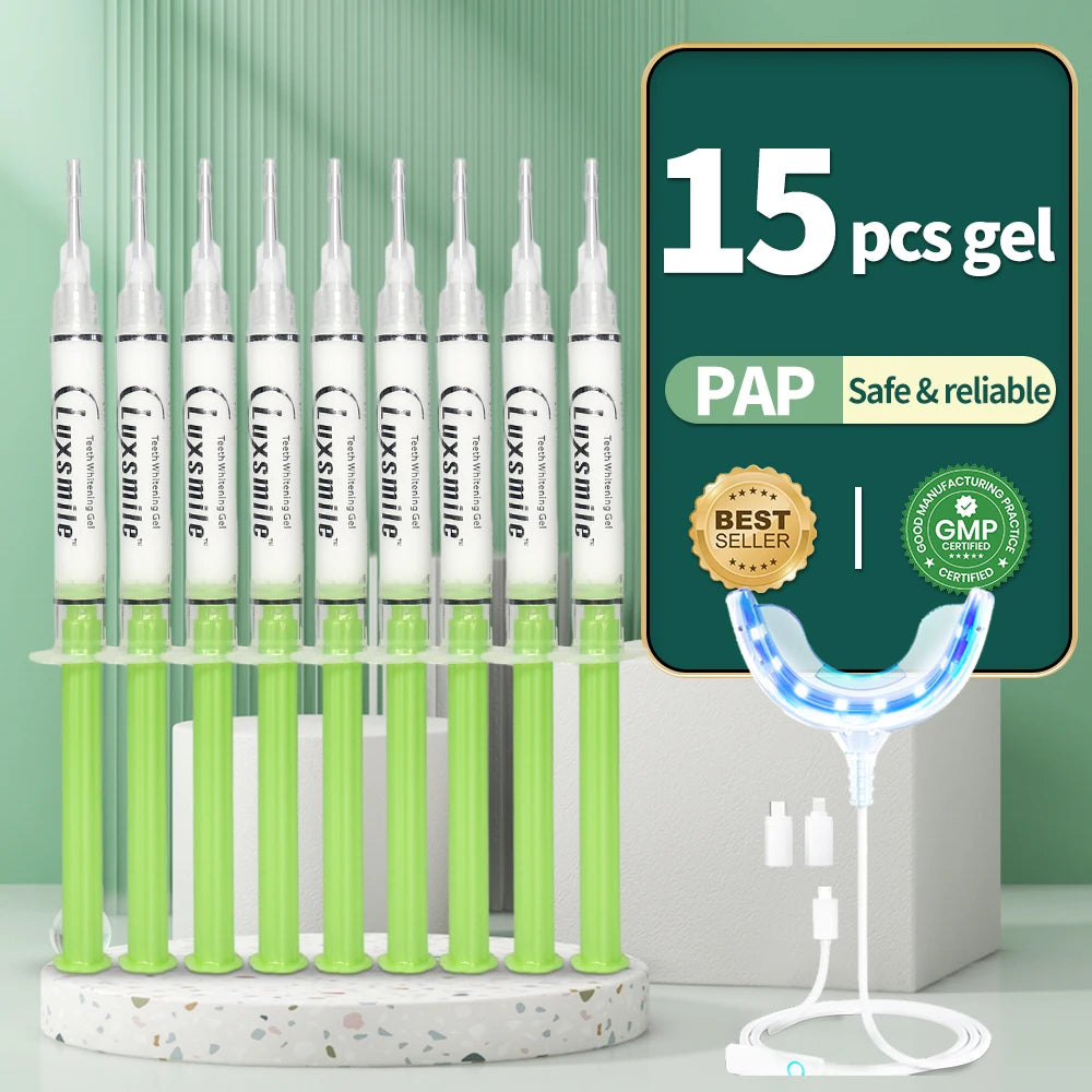 Kit Blanchiment Dentaire PAP Luxsmile | 15 Doses Gel + Lumière LED | Sans Peroxyde, Dents Sensibles – CLEVI Paris