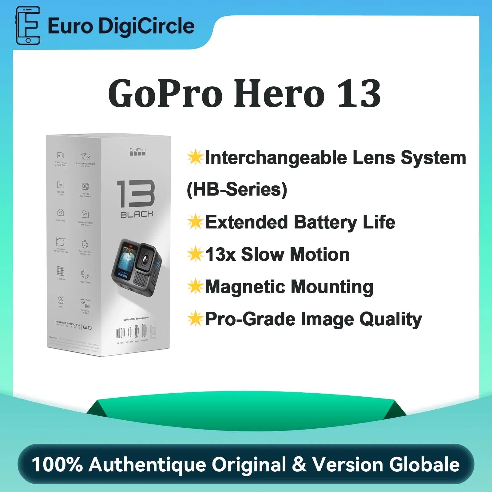 GoPro HERO13 Black – Vidéo 5,3K, HyperSmooth 6.0, Étanche 10m, Bluetooth & WiFi – CLEVI Paris