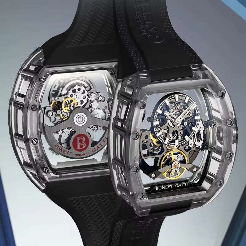 Montre Homme BONEST GATTI BG-9960 – Squelette Automatique, Verre Saphir, Bracelet Caoutchouc