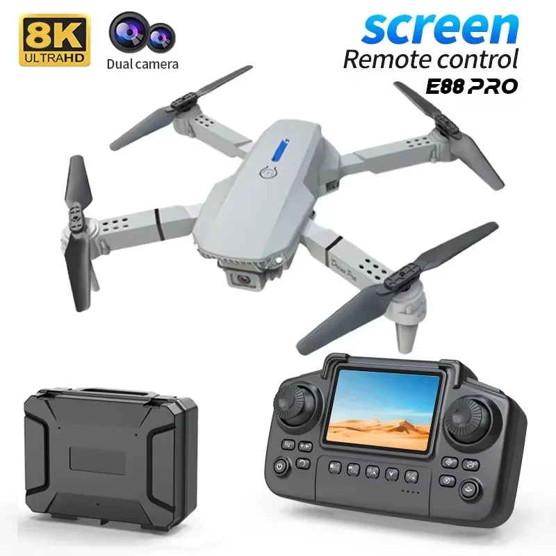 Drone E88 Pro 8K avec Écran Télécommande – Double Caméra, Positionnement Optique, Brushless & 23 Min de Vol – CLEVI Paris