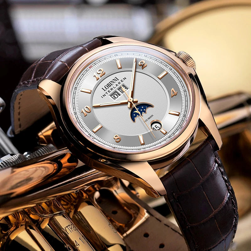 Montre Homme LOBINNI 40mm Automatique Calendrier Verre Saphir Bracelet Cuir – CLEVI Paris
