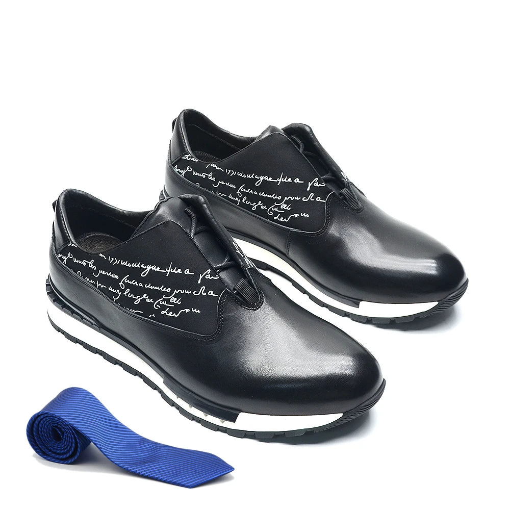 Oxford Homme Cuir Véritable | Sneaker Classique Imprimé Lettres Noir
