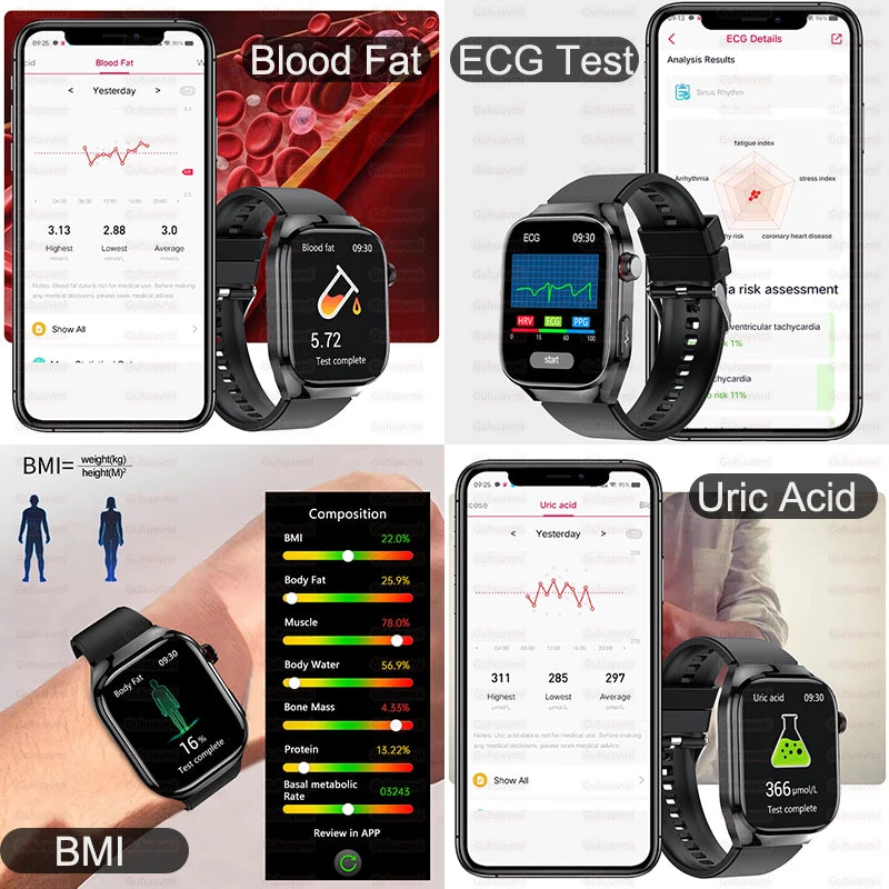 Montre Connectée Santé ECG Acide Urique IMC 5 Organes | AMOLED Verre Saphir IP68