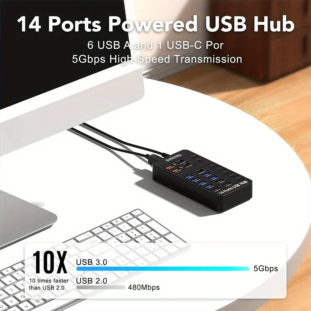 Hub USB Alimenté SUNKANDI 14-en-1 LED ON/OFF USB 3.0 2.0 Charge A/C Noir – CLEVI Paris