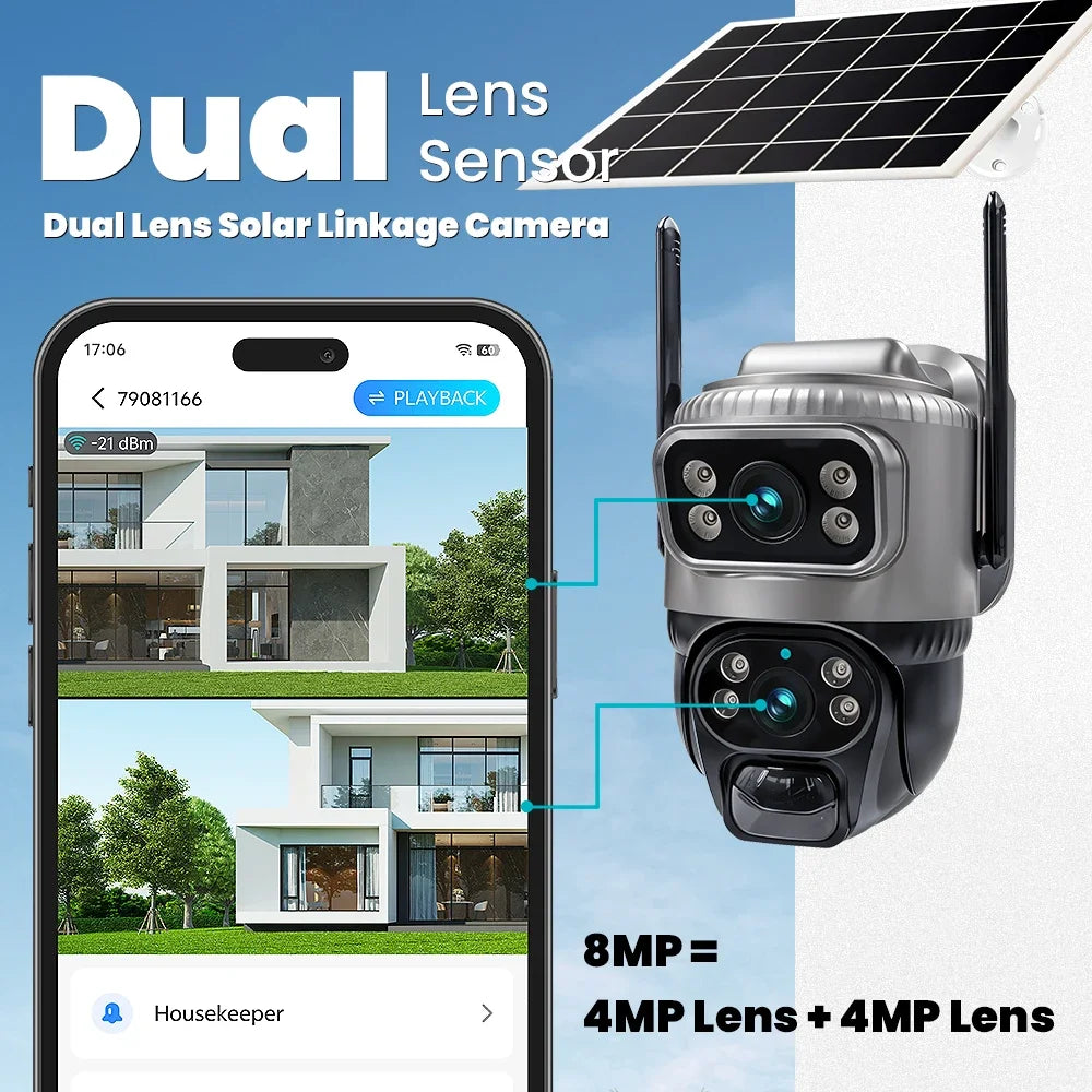 Caméra Solaire 4G V380 Pro 8MP Double Objectif PTZ 350° SIM Incluse PIR Suivi IA Vision Nocturne IP66 – CLEVI Paris