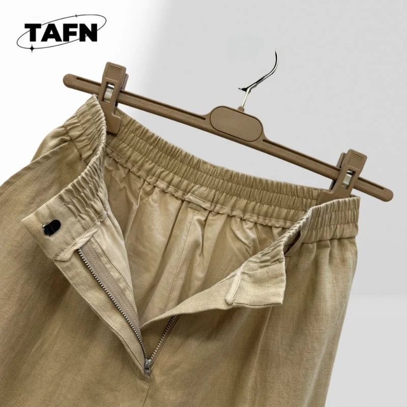 Pantalon Large Femme Taille Mi-Haute À Carreaux Coton Soie Coupe Ample Longueur Mollet Élégant OL Beige – CLEVI Paris
