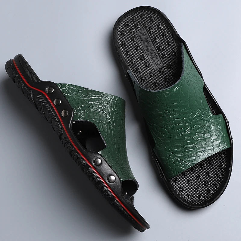 Fashion New Men's Crocodile Embossed Leather Slippers Casual Sandals For Men Summer Open Toe Beach Garden Shoes Flip Flops