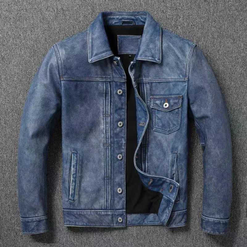 Veste homme en cuir de vache, col rond – CLEVI Paris