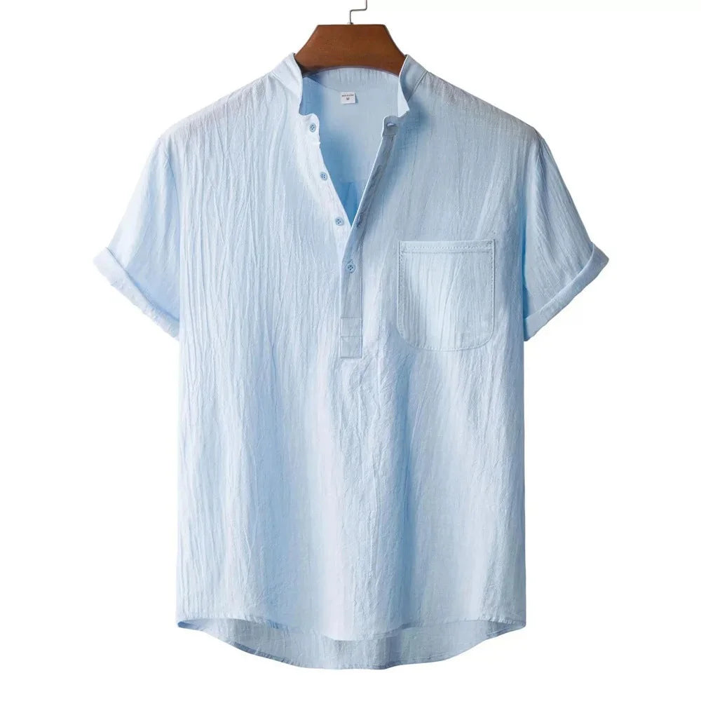T-Shirt Homme Coton & Lin – Col Henley, Manches Courtes, Style Plage & Vacances