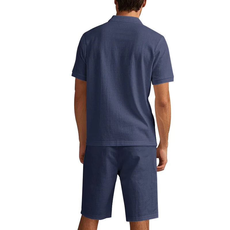 Ensemble 2 Pièces Homme Lin Chemise Polo Manches Courtes + Short Plage Casual Été – CLEVI Paris