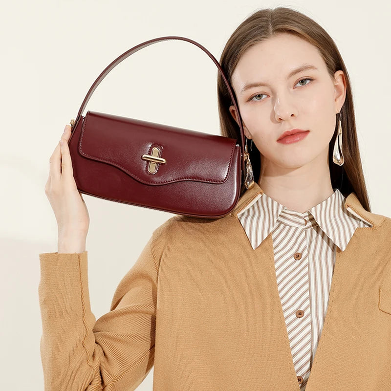 Sac Baguette Femme en Cuir Véritable – Sac Épaule Luxe Designer | 4 Coloris | Noir, Claret, Caramel, Café