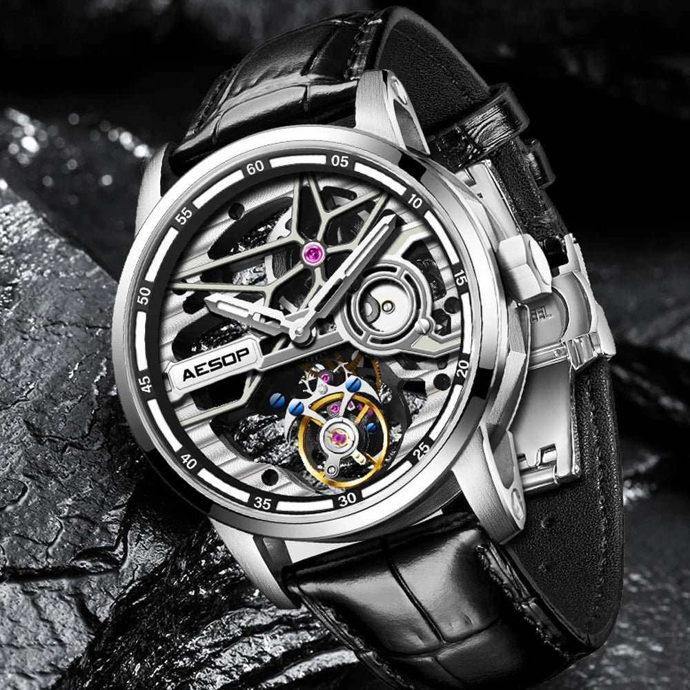 AESOP 7053 Montre Homme Tourbillon Squelette Saphir Diamant Étanche 5ATM – CLEVI Paris