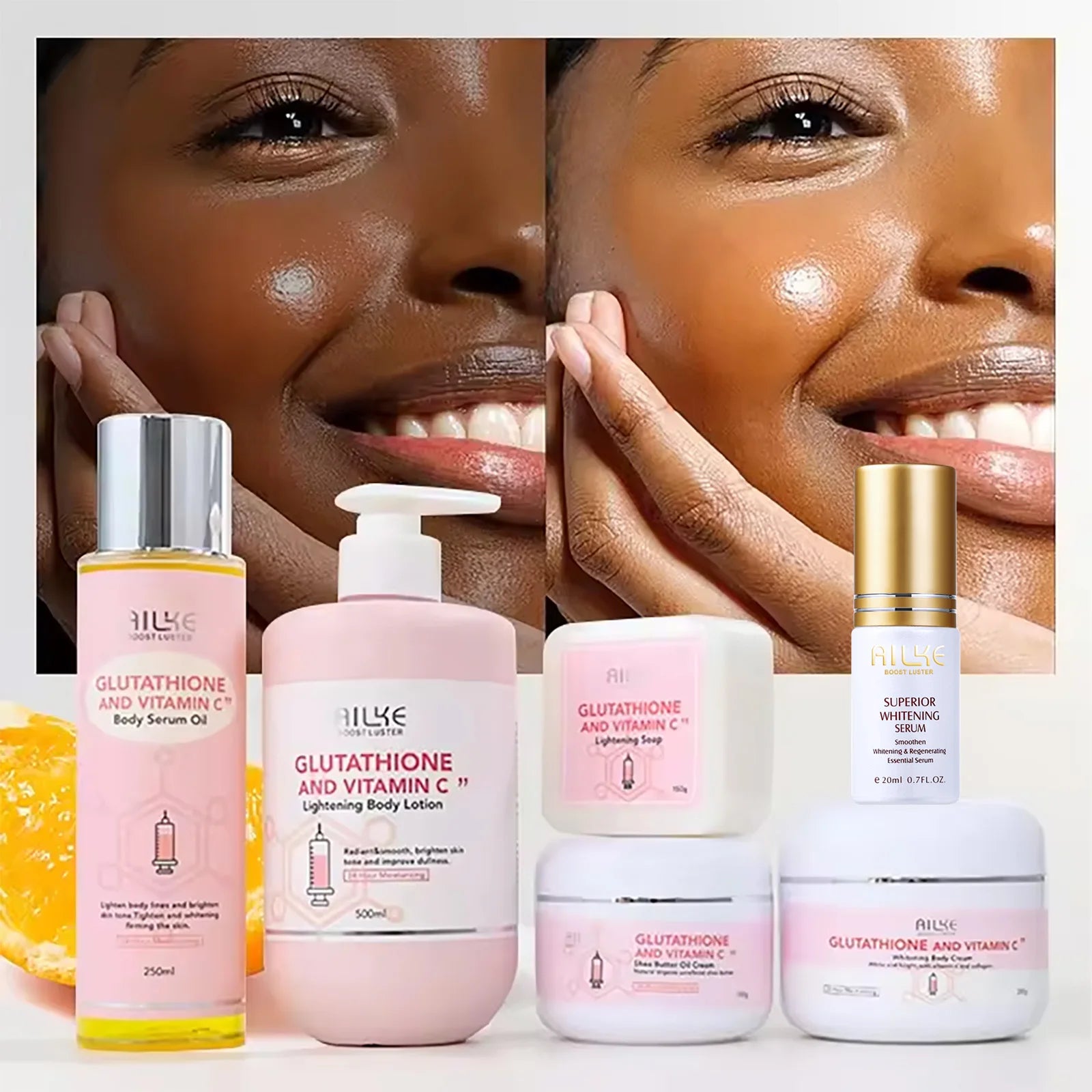 Gamme Éclaircissante AILKE – Vitamine C, Glutathion & Collagène – Teint Unifié, Taches Réduites & Peau Lumineuse