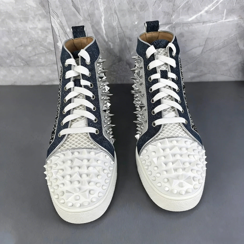 Sneakers Montantes Cuir Color Block Bleu Blanc Spikes Homme – Semelle Rouge, Lacets, Tailles 39-46 – CLEVI Paris