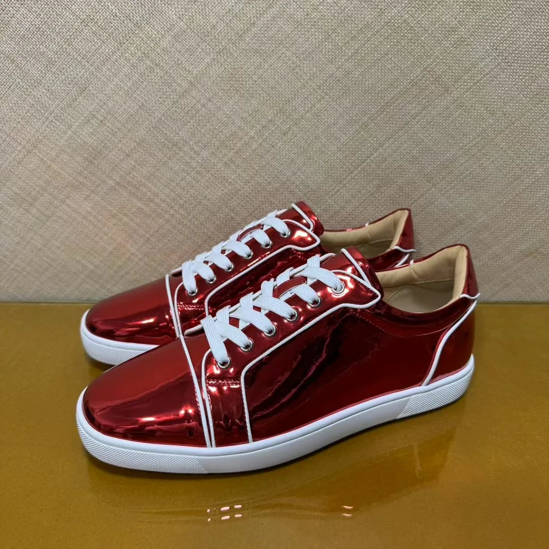 Sneakers Basses Cuir Véritable Rouge Homme – Semelle Rouge, Sans Rivets, Imperméable, Tailles 35-48 – CLEVI Paris
