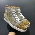 Sneakers Montantes Cuir Véritable Or Rivets Diamants Homme – Semelle Rouge, Lacets, Tailles 35-48 – CLEVI Paris