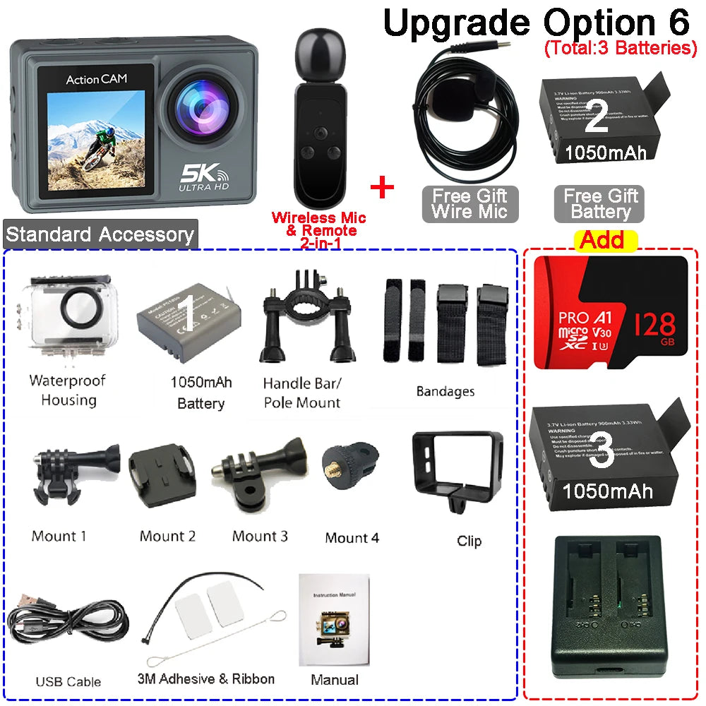 Action Cam HUAFANT M4R 5K 4K60fps – EIS 6 Axes, Grand Angle 170°, Étanche 30m, Micro Sans Fil, Double Écran IPS, WiFi – CLEVI Paris