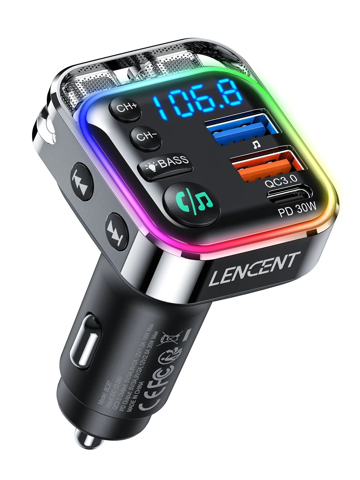 Transmetteur FM Bluetooth 5.3 LENCENT BC87 – Charge Rapide PD 30W & QC3.0, Hi-Fi Bass, Double Micro, Mains Libres