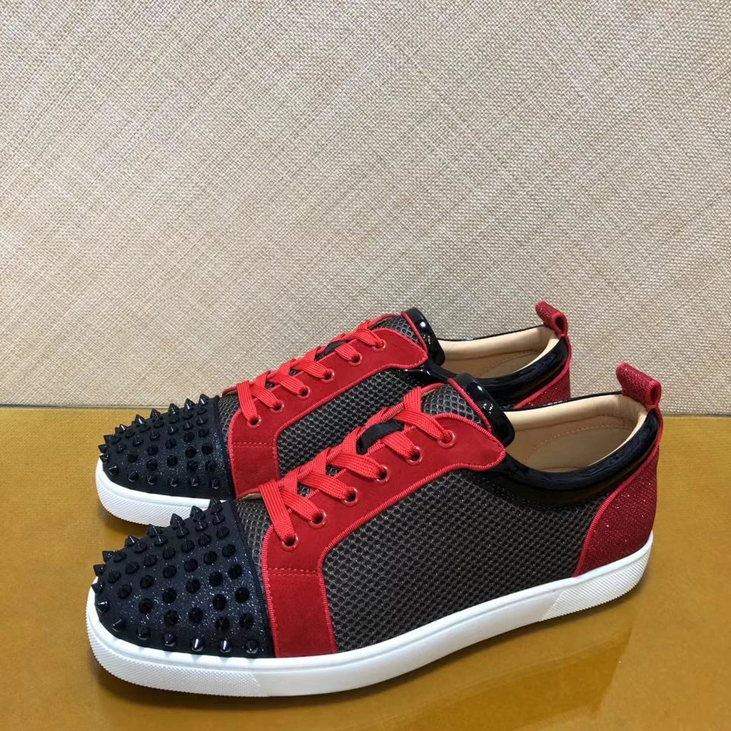 Sneakers Basses Cuir Véritable Noir & Rouge Rivets Homme – Semelle Rouge, Tailles 35-48 – CLEVI Paris