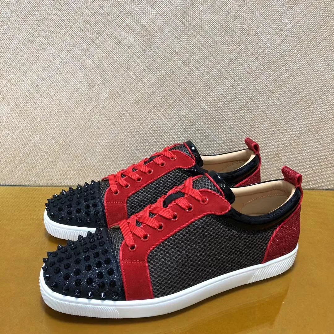 Sneakers Basses Cuir Véritable Noir & Rouge Rivets Homme – Semelle Rouge, Tailles 35-48 – CLEVI Paris