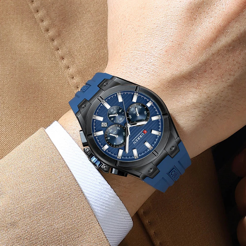Montre Quartz Homme CURREN 8487 – Chronographe, Bracelet Silicone & Écrin | 5 Coloris