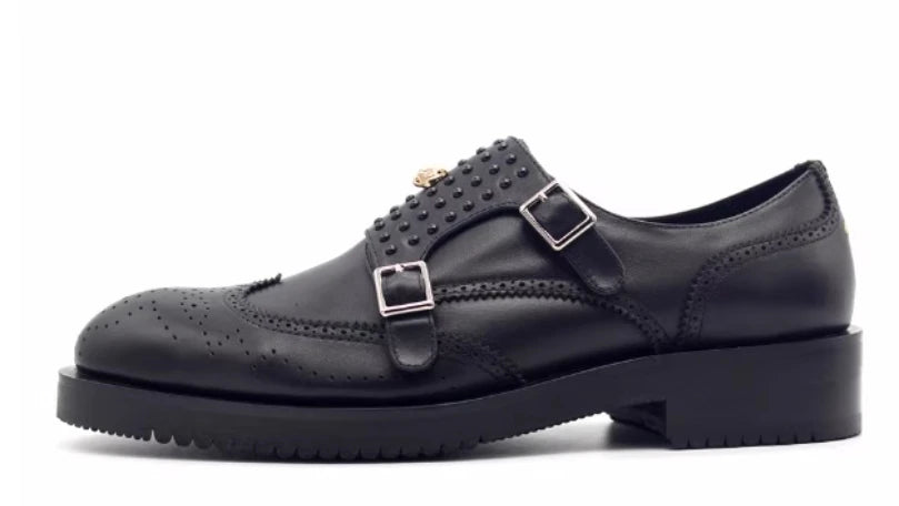 Oxford Monk Strap Rivets Noir – Cuir Vache | Semelle Caoutchouc | Homme