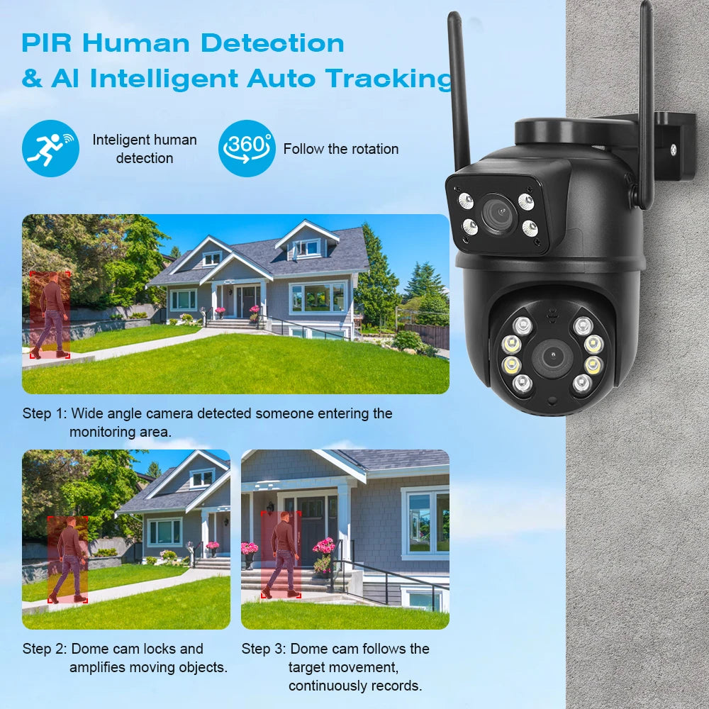 Caméra IP WiFi Dolob S5 — Double Objectif 4MP/8MP, Détection IA, Vision Nocturne Couleur, IP66 | CLEVI Paris