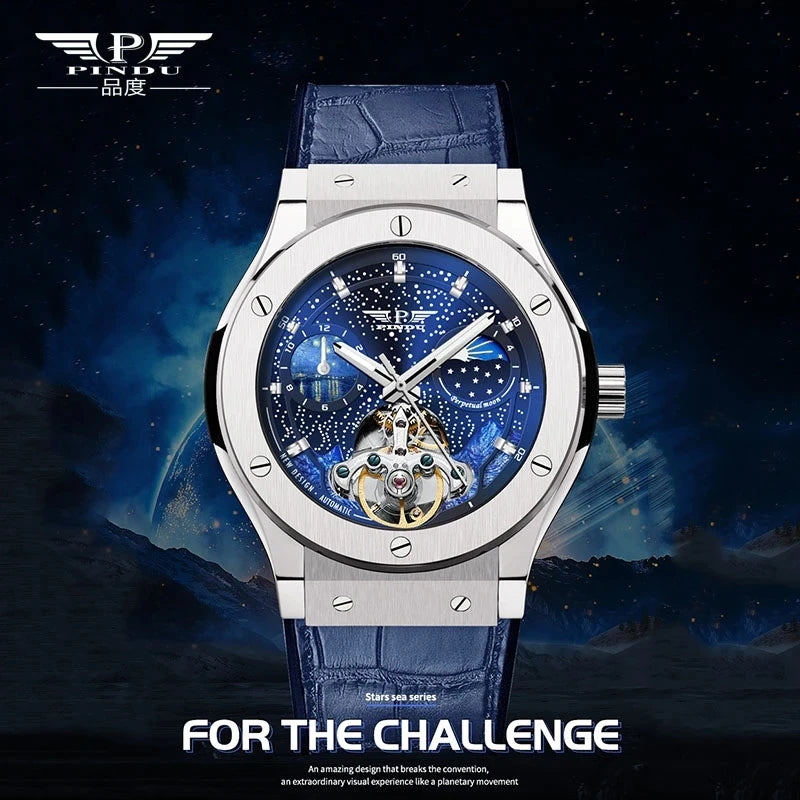 PINDU Montre Automatique Homme Squelette Phase de Lune Saphir Cuir Business 45mm – CLEVI Paris