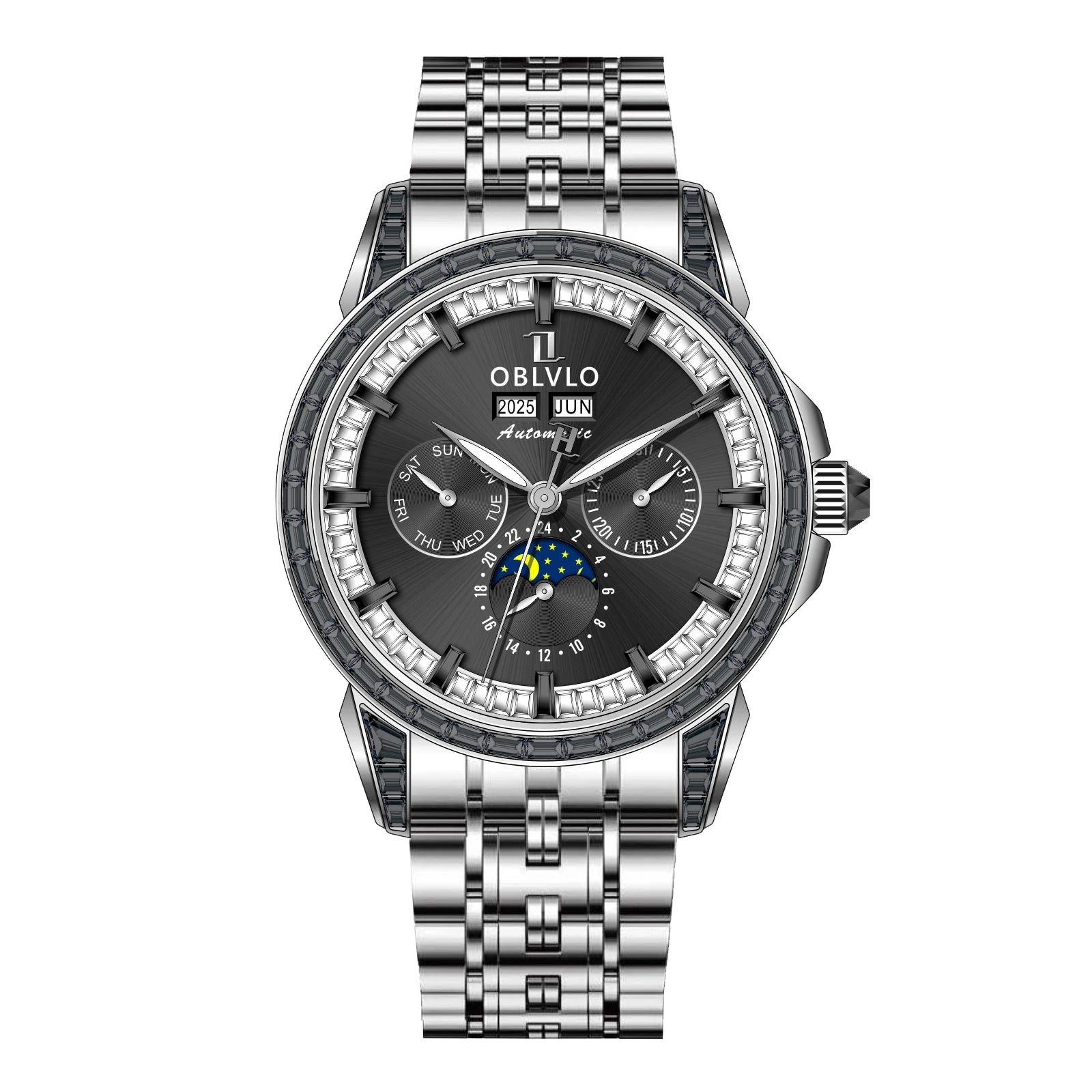 Montre Automatique Phase de Lune | Zircon Multicolore Bracelet Cuir – CLEVI Paris