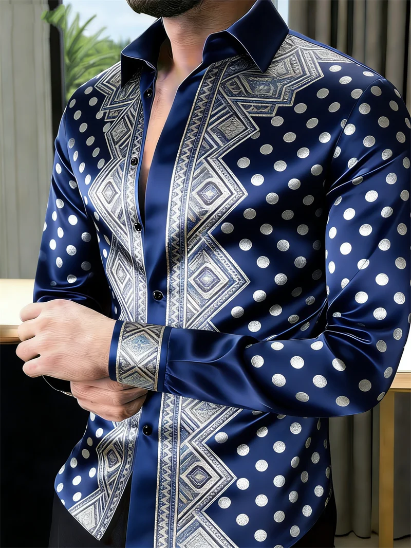 Chemise Homme Manches Longues – Imprimé 3D Luxe & Pois Dorés