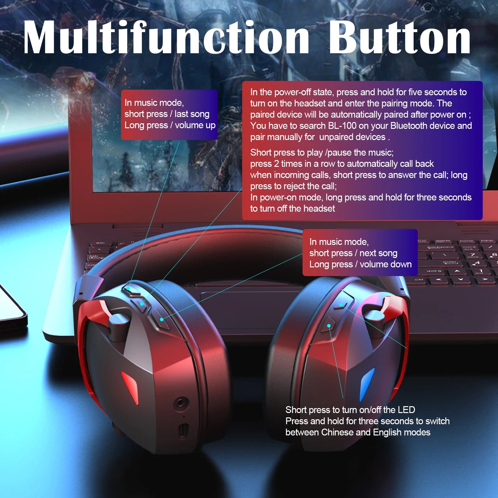 Casque Gaming Sans Fil Acinaci – Micro Détachable, 2.4G / Bluetooth / Jack 3.5mm, 36H