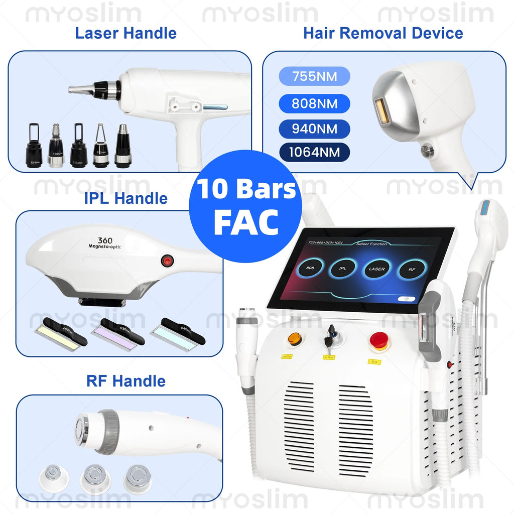 Machine 4-en-1 Laser Diode FAC 5000W 755/808/940/1064nm + Picoseconde + IPL + RF Épilation Détatouage Lifting – CLEVI Paris