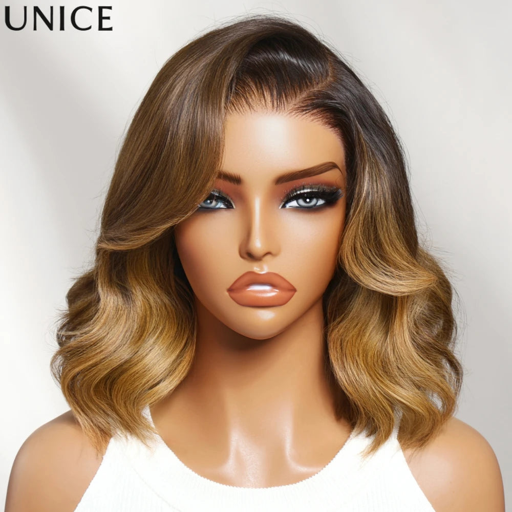 Perruque BOB Wavy Brun Chocolat Reflets Dorés Lace Glueless 100% Cheveux Humains 10-14 Pouces – CLEVI Paris