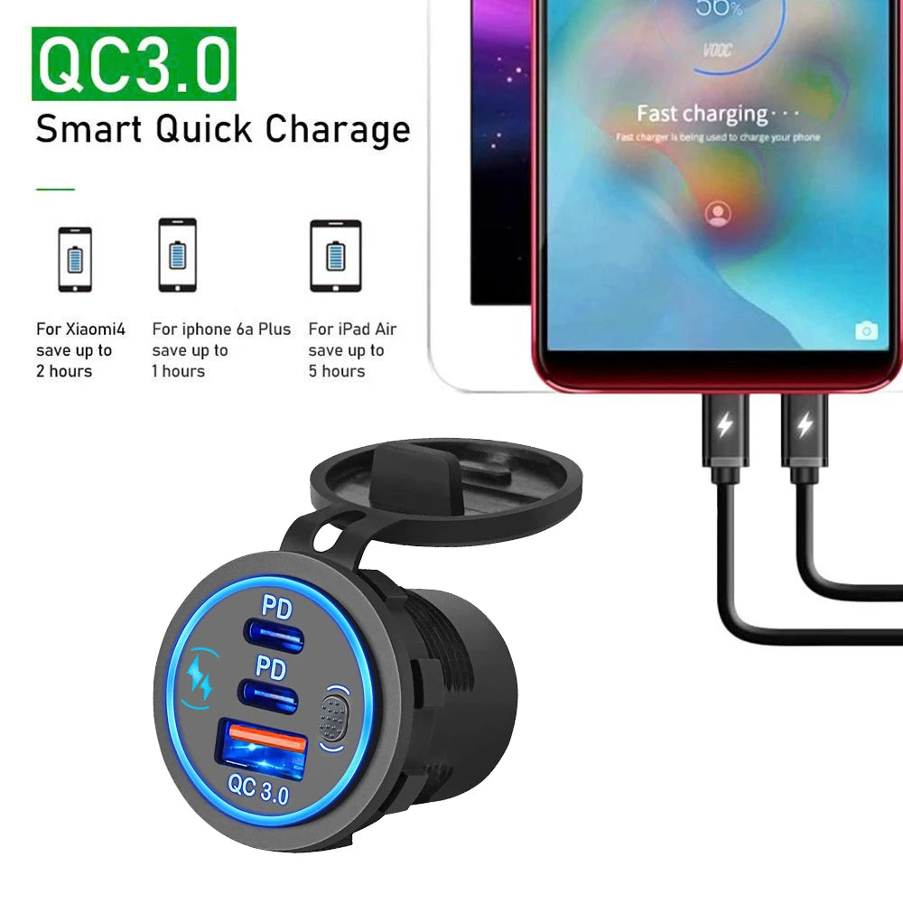 Prise Chargeur USB Voiture 78W PD3.0 QC3.0 Double Port USB-C Étanche LED 12V/24V – CLEVI Paris