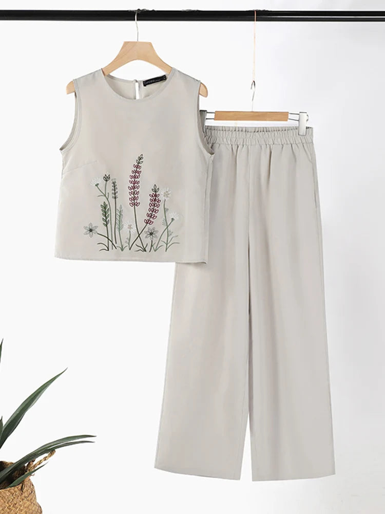 Ensemble 2 Pièces Femme Blouse Brodée Sans Manches Pantalon Jambe Large Style Bohème Été – CLEVI Paris