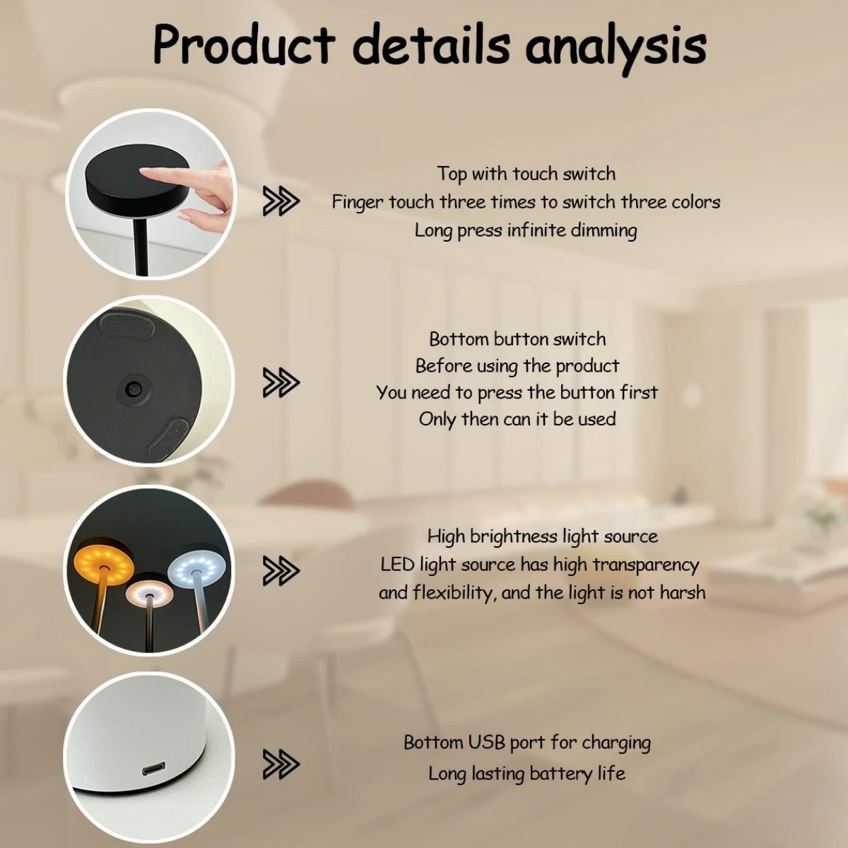 Lampe de Bureau LED d’Ambiance Tactile & Dimmable — USB Rechargeable, Blanc Chaud | CLEVI Paris