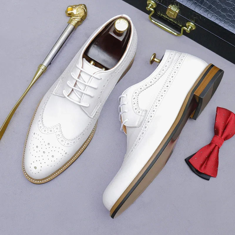 Richelieu Homme Cuir Vache Blanc Bout Pointu Rehaussant +5cm Sculpté Style Britannique ZGZJYWM – CLEVI Paris