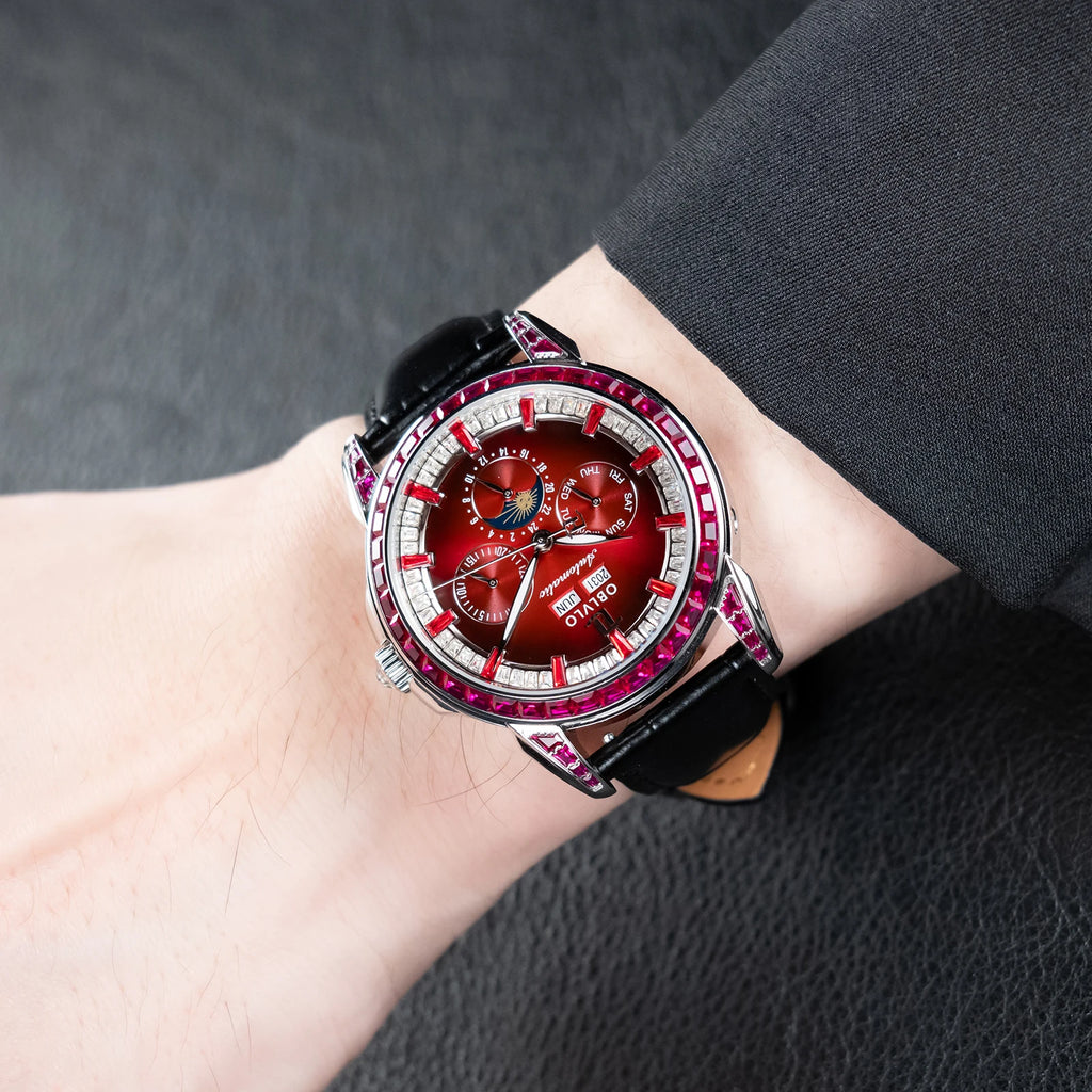 Montre Automatique Phase de Lune | Zircon Multicolore Bracelet Cuir – CLEVI Paris