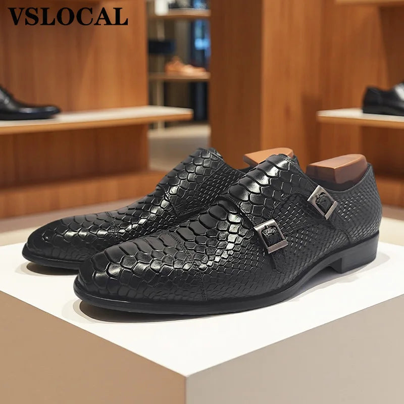 Chaussures Homme Cuir Véritable VSLOCAL – Monk Strap Double Boucle Imprimé Serpent Slip-On – CLEVI Paris