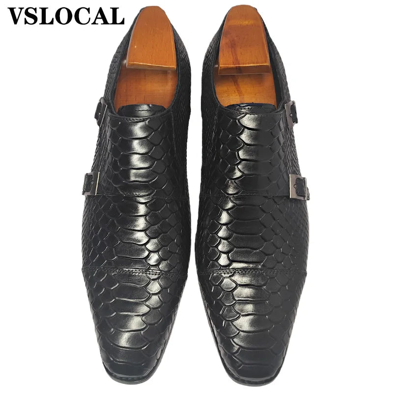 Chaussures Homme Cuir Véritable VSLOCAL – Monk Strap Double Boucle Imprimé Serpent Slip-On – CLEVI Paris