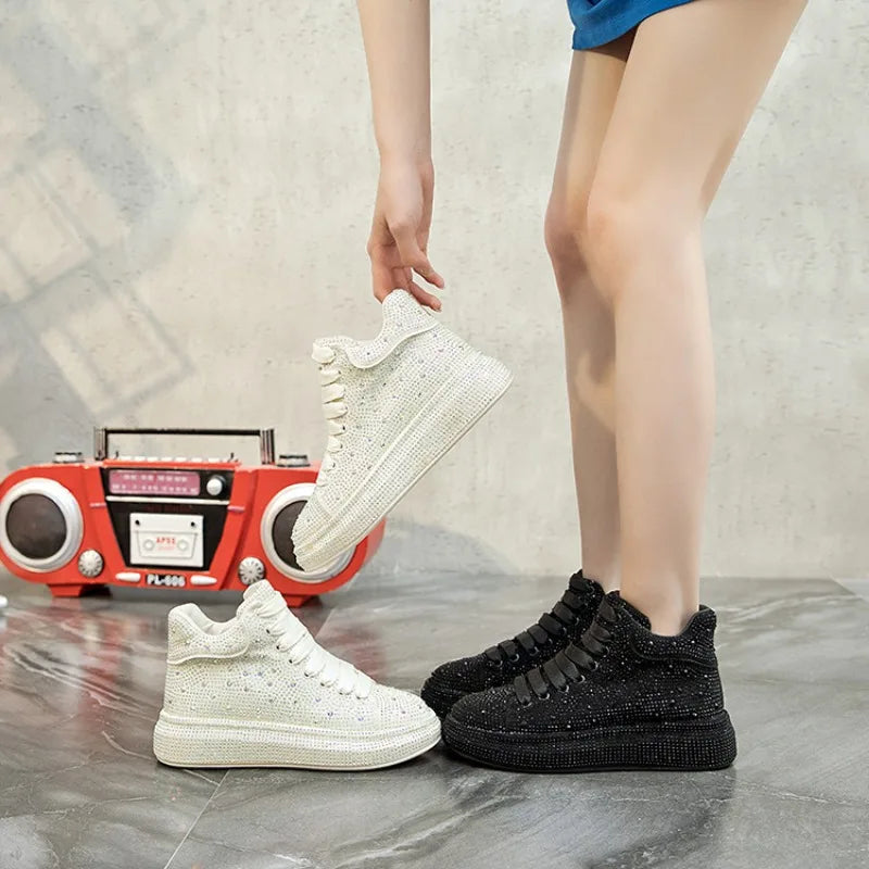 Sneakers Femme Montantes Strass & Fourrure – Cuir Véritable | Zip | Talon 3-5cm | 4 Coloris | Tailles 35-40