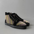 Sneakers Montantes Cuir Suède Noir Imprimé Léopard Homme – Rivets, Semelle Rouge, Lacets, Tailles 35-47 – CLEVI Paris